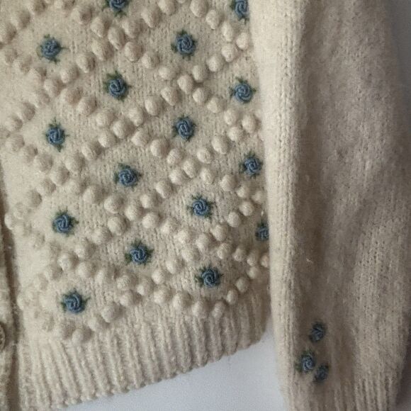 Vintage 40s 50s Wool Popcorn Knit Cardigan Sweater Cropped S Blue Floral Buttons - Picture 7 of 16